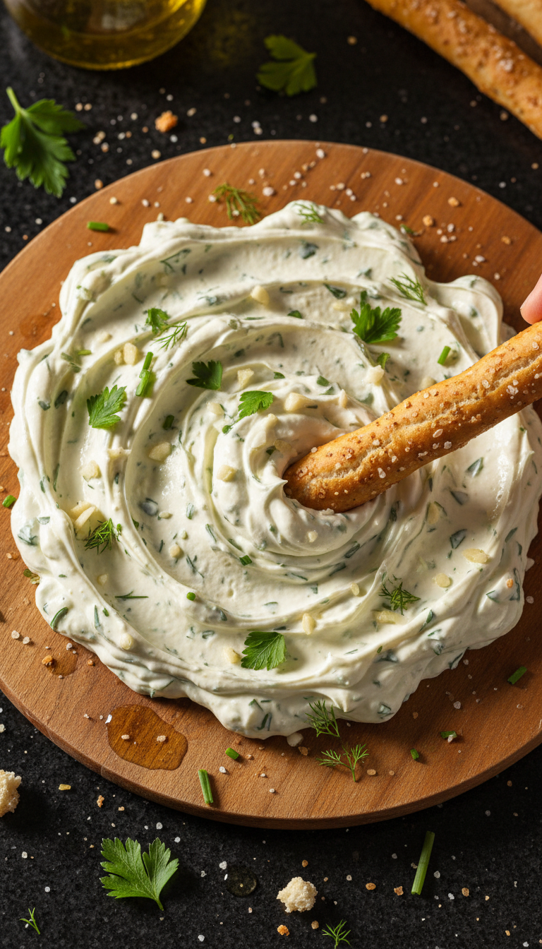 Knoblauch Kräuter Aioli mit Brotstangen