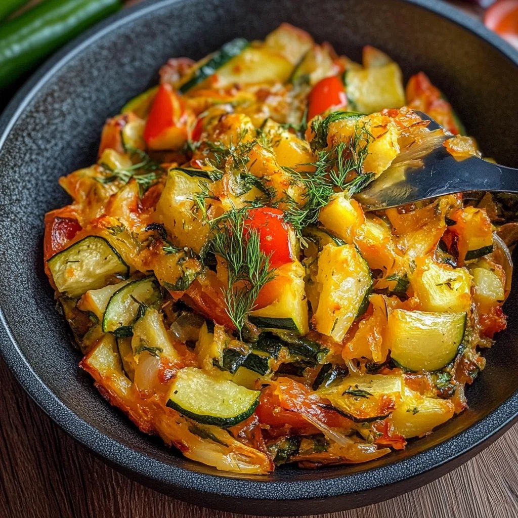 Vegetarischer Kartoffelauflauf mit Zucchini, Karotten und Zwiebeln