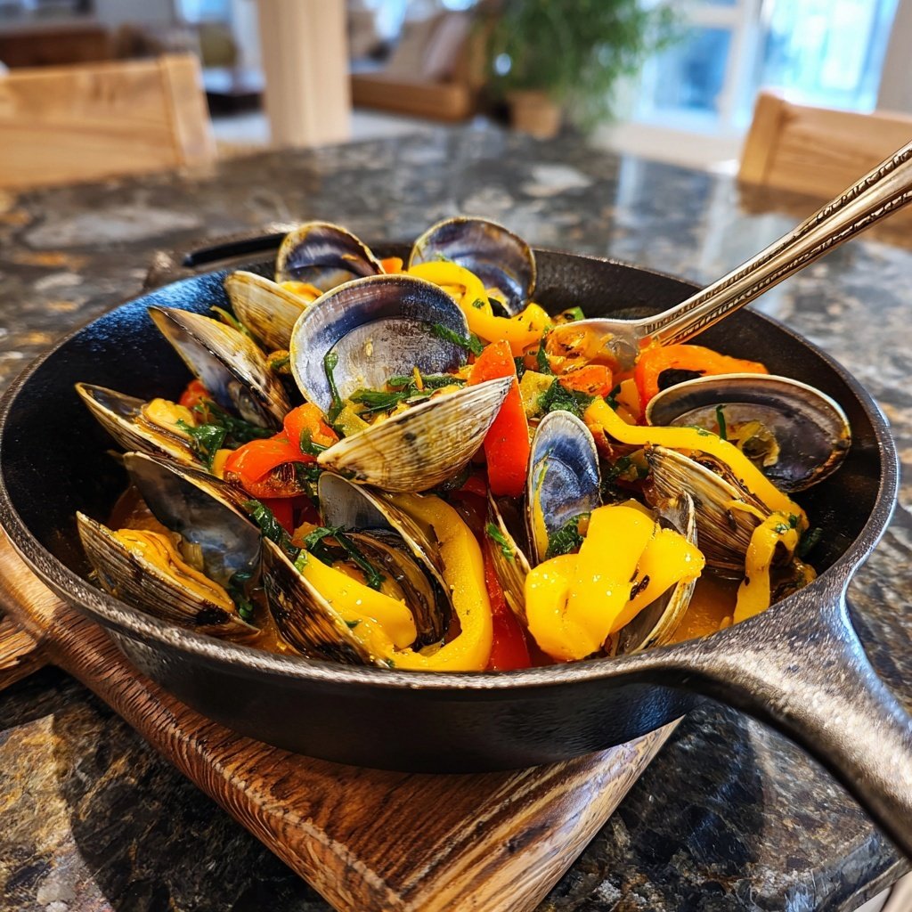 Gedämpfte Muscheln mit Paprika